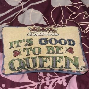 Embroidered 'It's Good To Be Queen' Decorative Pillow - Cream, Green, Blue